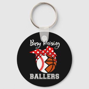 Busy Raising Ballers Funny Baseball Basketball Mom Keychain