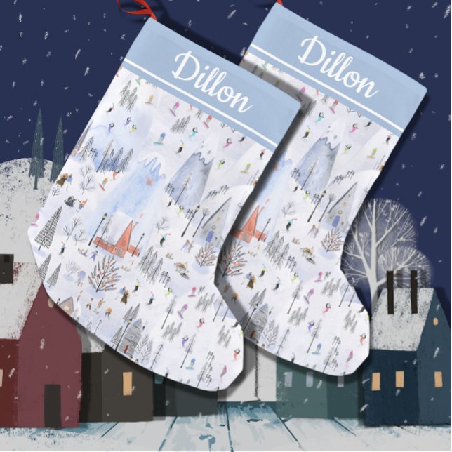Busy Snowy Mountain Alpine Ski Village Small Christmas Stocking (Creator Uploaded)