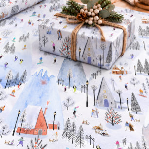 Busy Snowy Mountain Ski Village Wrapping Paper Sheets