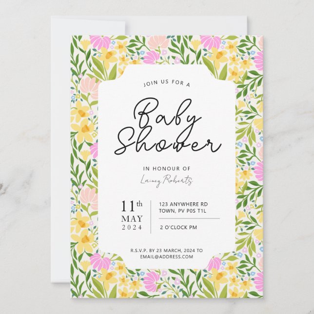 Busy Spring Daffodil Tossed Floral Baby Shower Invitation (Front)