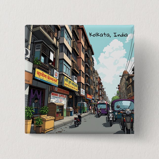 Busy Street of downtown Kolkata, India  Button (Front)