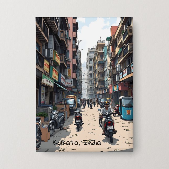 Busy Street of downtown Kolkata, India  Button (Front)