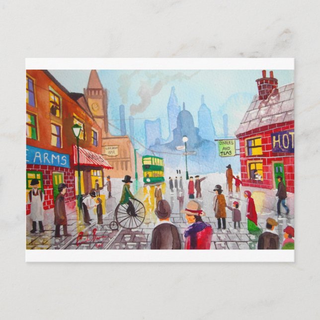 Busy street scene penny farthing tram Gordon Bruce Postcard (Front)