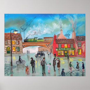 Busy street scene train Gordon Bruce art Poster