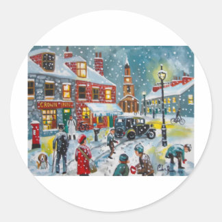 Busy street scene winter snow Gordon Bruce art Classic Round Sticker