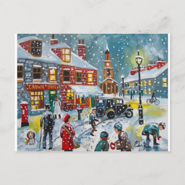 Busy street scene winter snow  Gordon Bruce art Postcard (Front)