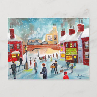 Busy street scene winter train oil painting art po postcard
