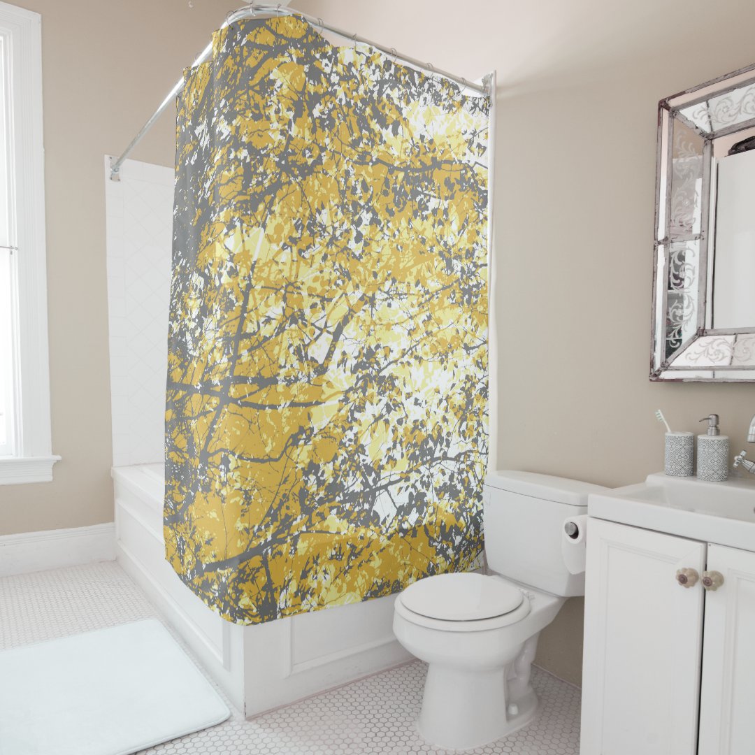 Busy Tree Branches and Leaves Grey Yellow White Shower Curtain Zazzle