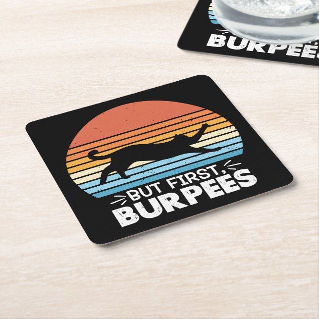 But first, burpees Cat Owner Workout Retro Graphic Square Paper Coaster (Angled)