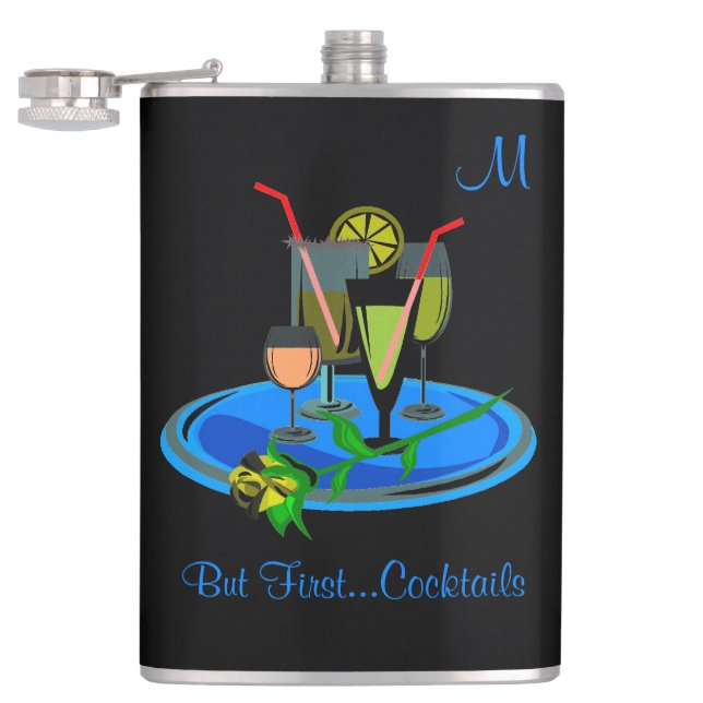 But First Cocktails Drink Quote Monogram Flask (Opened)