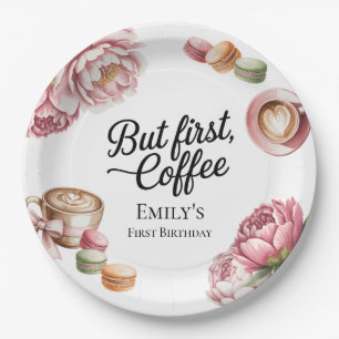 But First Coffee 1st Birthday Girl Pink Barista  Paper Plates