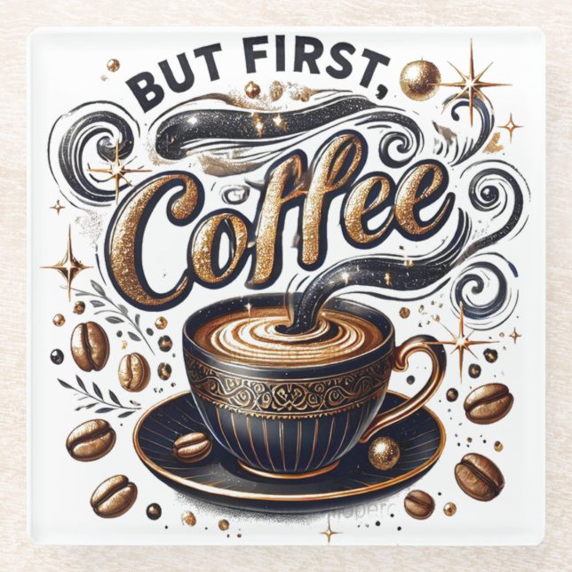 But First Coffee Art - Stylish Gold Design Glass Coaster (Front)