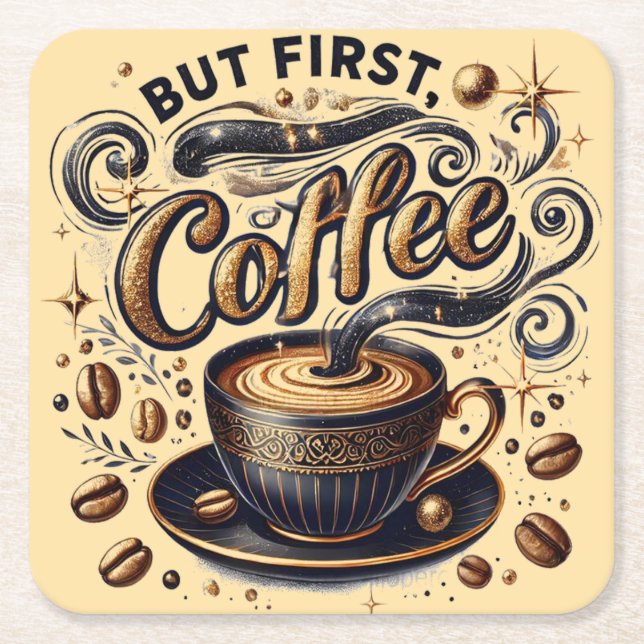 But First Coffee Art - Stylish Gold Design Square Paper Coaster (Front)
