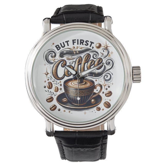 But First Coffee Art - Stylish Gold Design Watch (Front)