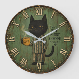 But First Coffee Black Cat Large Clock