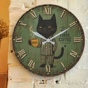 But First Coffee Black Cat Large Clock