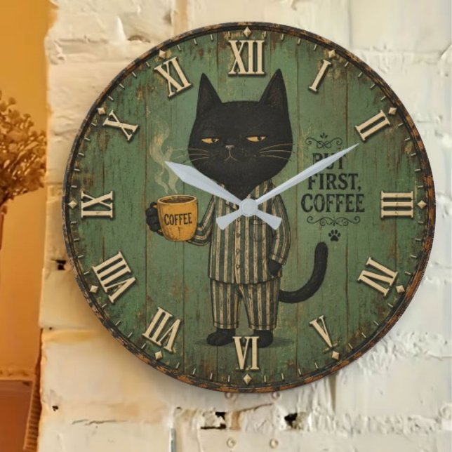 But First Coffee Black Cat Large Clock (Creator Uploaded)