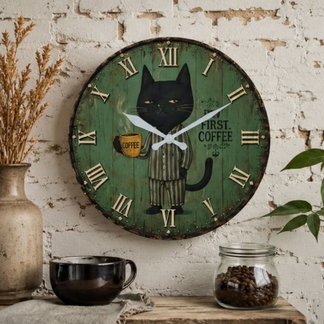 But First Coffee Black Cat Large Clock (Creator Uploaded)