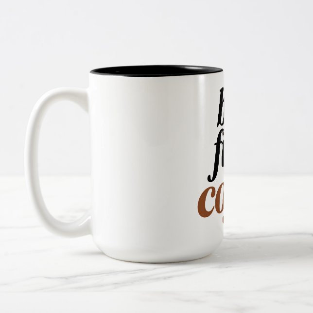 But First Coffee Brush Script Typography Quote Two-Tone Coffee Mug (Left)