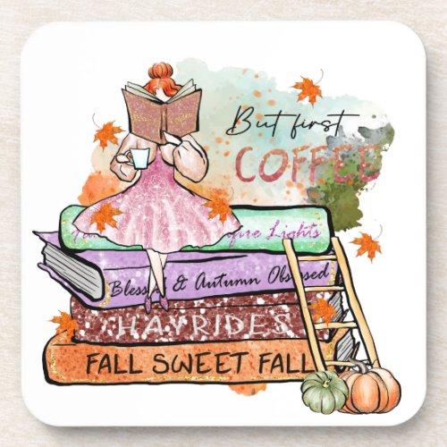 But First Coffee Colorful Fall Book Lovers  Beverage Coaster