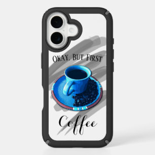But First Coffee Fun Blue Coffee Cup Saucer Beans iPhone 16 Case
