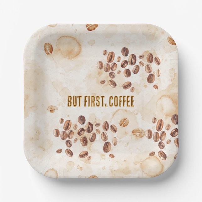 But First, Coffee Gold Brown Paper Plates (Front)