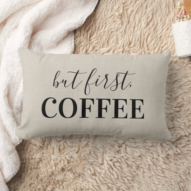 But First, Coffee | Rustic Ivory Farmhouse Lumbar Pillow (Blanket)
