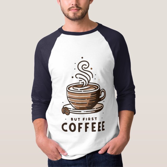 But First Coffee Striped Cup Line Art Design T-Shirt (Front)