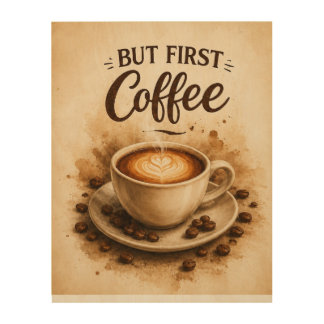 But First Coffee Vintage Watercolor Coffee Cup Des Wood Wall Art