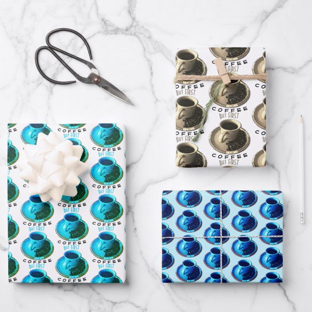 But First Cup and Saucer Coffee Lovers  Wrapping Paper Sheets (Front)