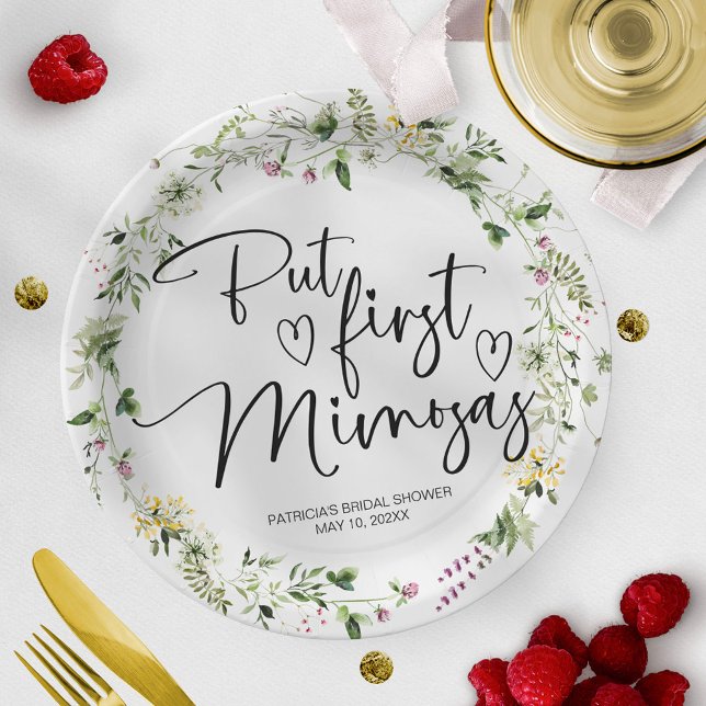 But First Mimosas Wildflower Bridal Shower Paper Plates (Creator Uploaded)