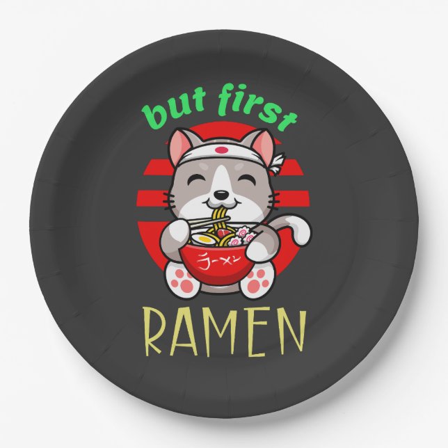 but first Ramen. cute cat eating Ramen Paper Plates (Front)
