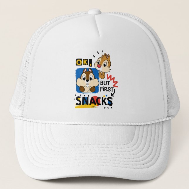 But First Snacks Chipmunks Trucker Hat (Front)