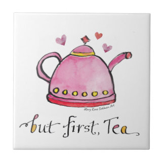 But First, Tea Whimsical Hand-Illustrated Kitchen Ceramic Tile