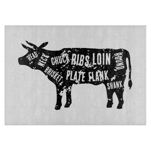 Butcher beef cuts cow diagram glass cutting board