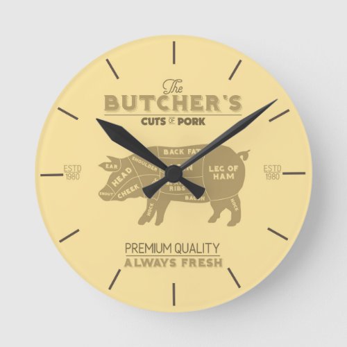 Butcher Shop Cuts of Pork Pig Diagram Round Clock