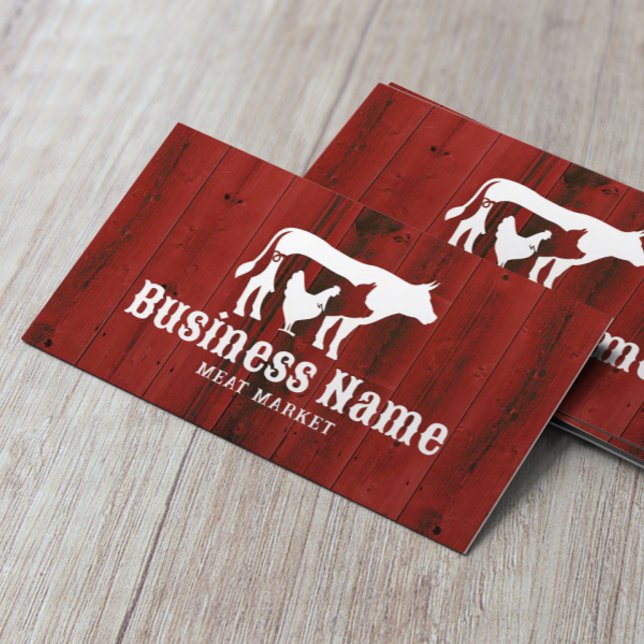 Butcher Shop Meat Market Chicken Pig Cow Red Wood Business Card (Creator Uploaded)