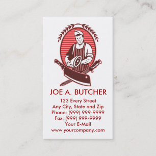 Butcher with meat knife and sharpener business card