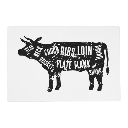 Butchery cuts of beef vintage cow diagram drawing placemat