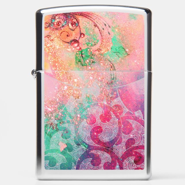 BUTERFLY PLANT Pink Green Floral Swirls,Waves Zippo Lighter (Front)