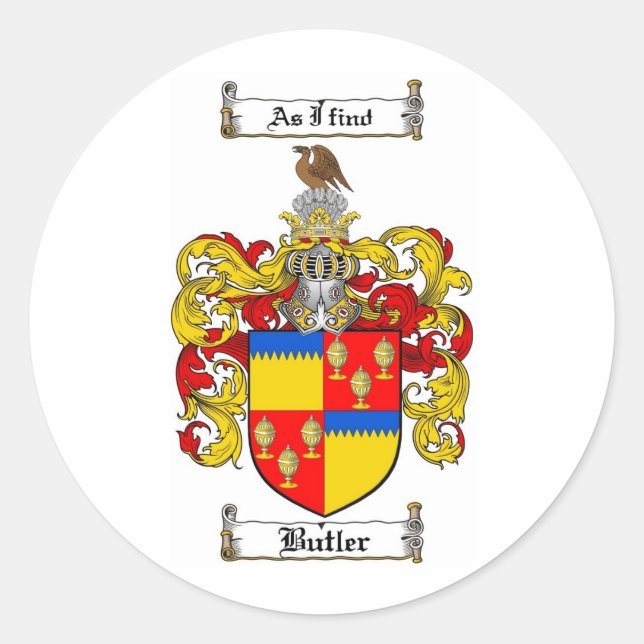 BUTLER FAMILY CREST -  BUTLER COAT OF ARMS CLASSIC ROUND STICKER (Front)