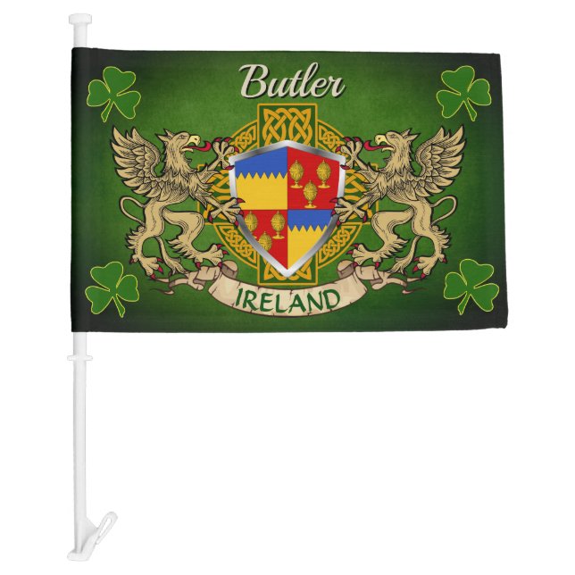 Butler Irish Shield & Celtic Cross Personalized Car Flag (Front)