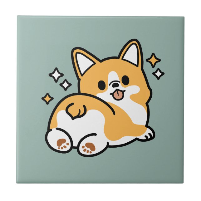 Butt First, Let's Nap – Cute Corgi Butt Cartoon Ceramic Tile (Front)