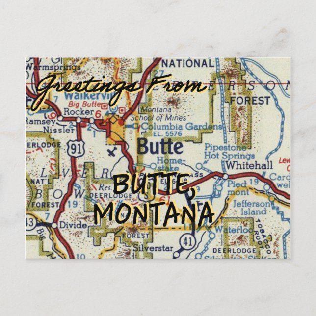 Butte Montana Vintage Map Postcard (Front)