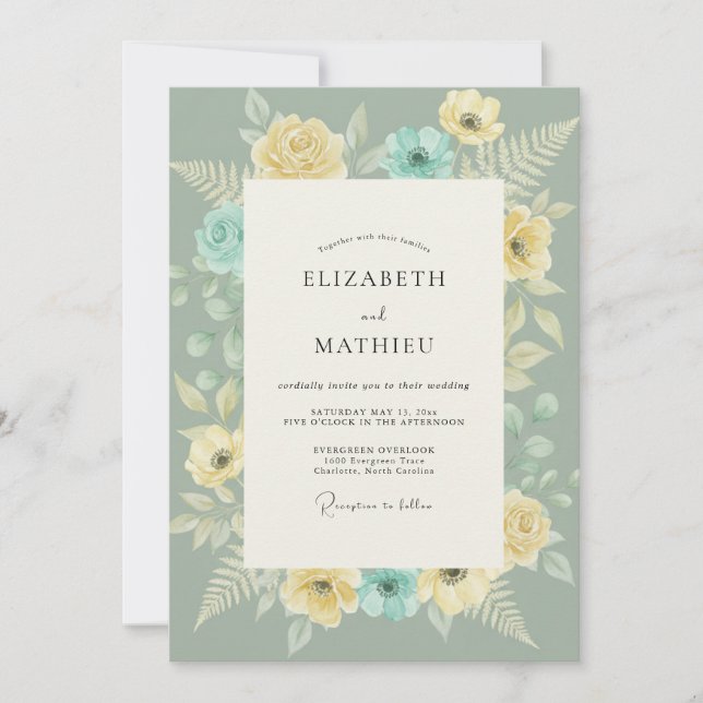 Butter Aqua Fern Wedding Invitation (Front)