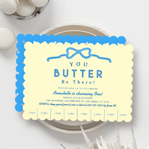 Butter Be There Blue Bow 1st Birthday Invitation
