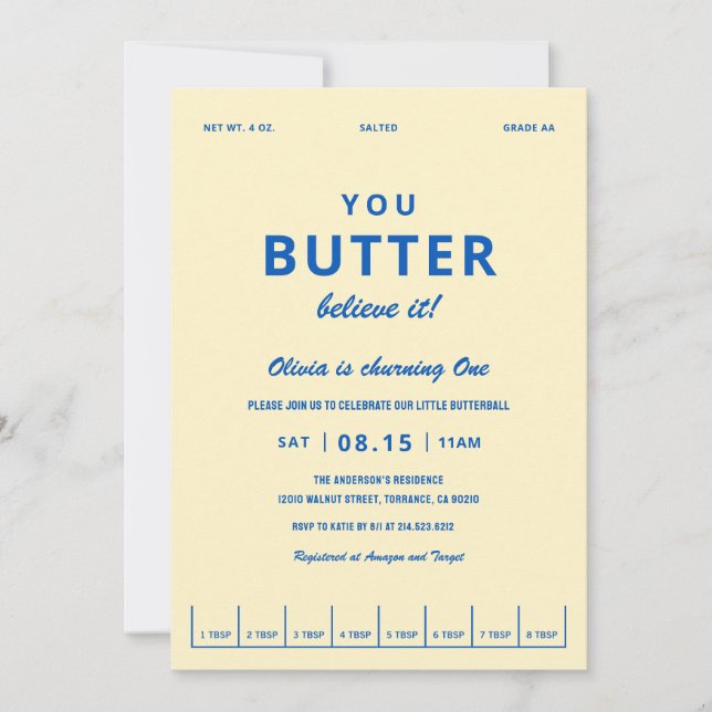 Butter Believe It First Birthday Party Invitation (Front)