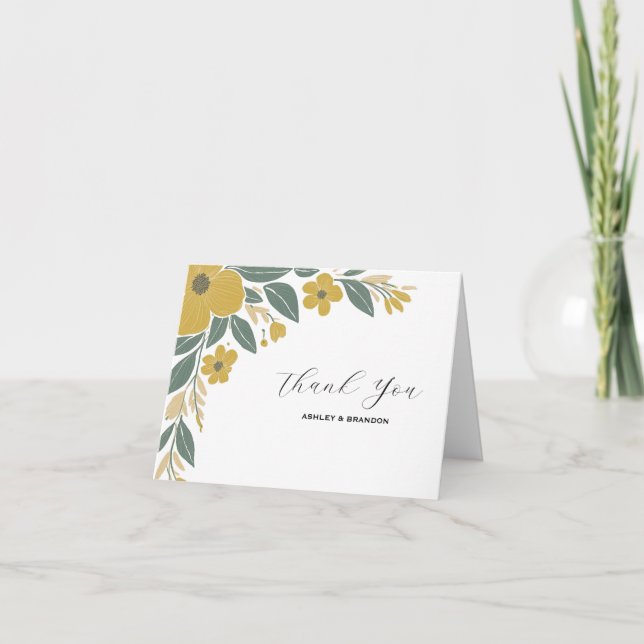 Butter Cup Yellow Modern Floral Wedding Thank You Card (Front)