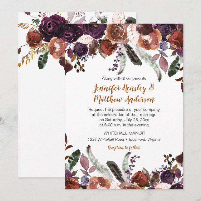 Butter Rum Rust Dark Purple Roses Boho Wedding Invitation (Front/Back)