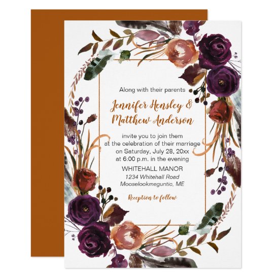 Butter Rum Rust Dark Purple Roses Wreath Wedding Invitation